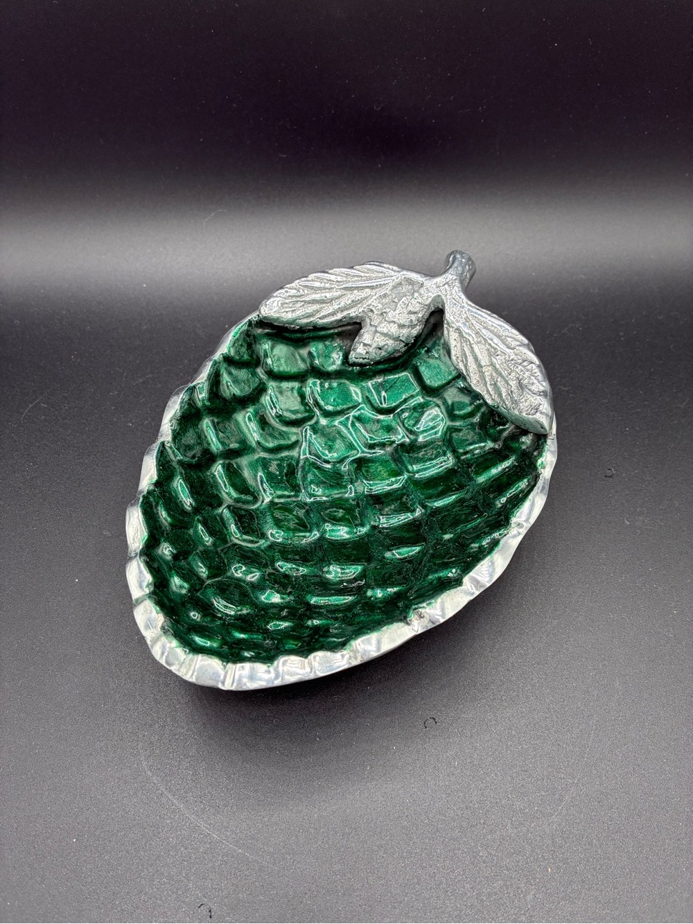 Green Enamel Pinecone Trinket Dish Silver Tone Metal 6β Decorative Bowl